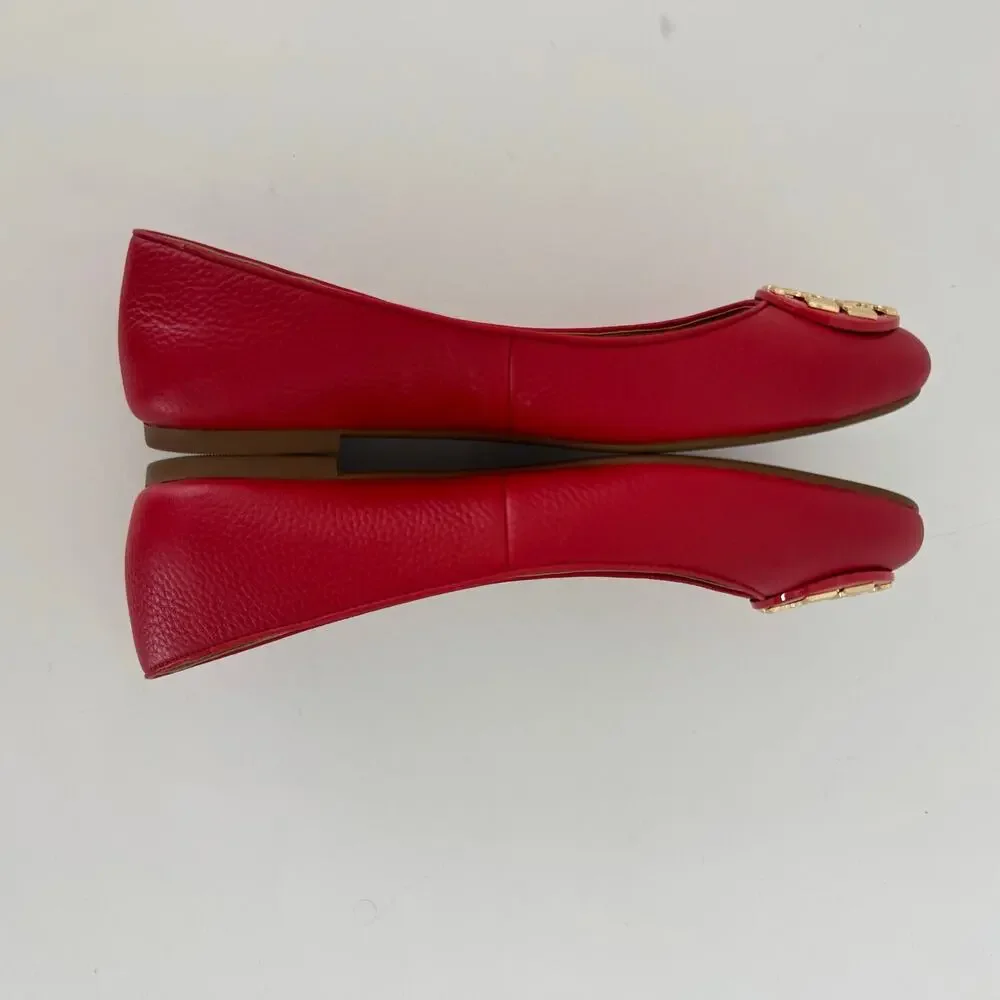 Tory Burch Claire Ballet Flats Round-Toe Brilliant Red Tumbled Leather 7.5M